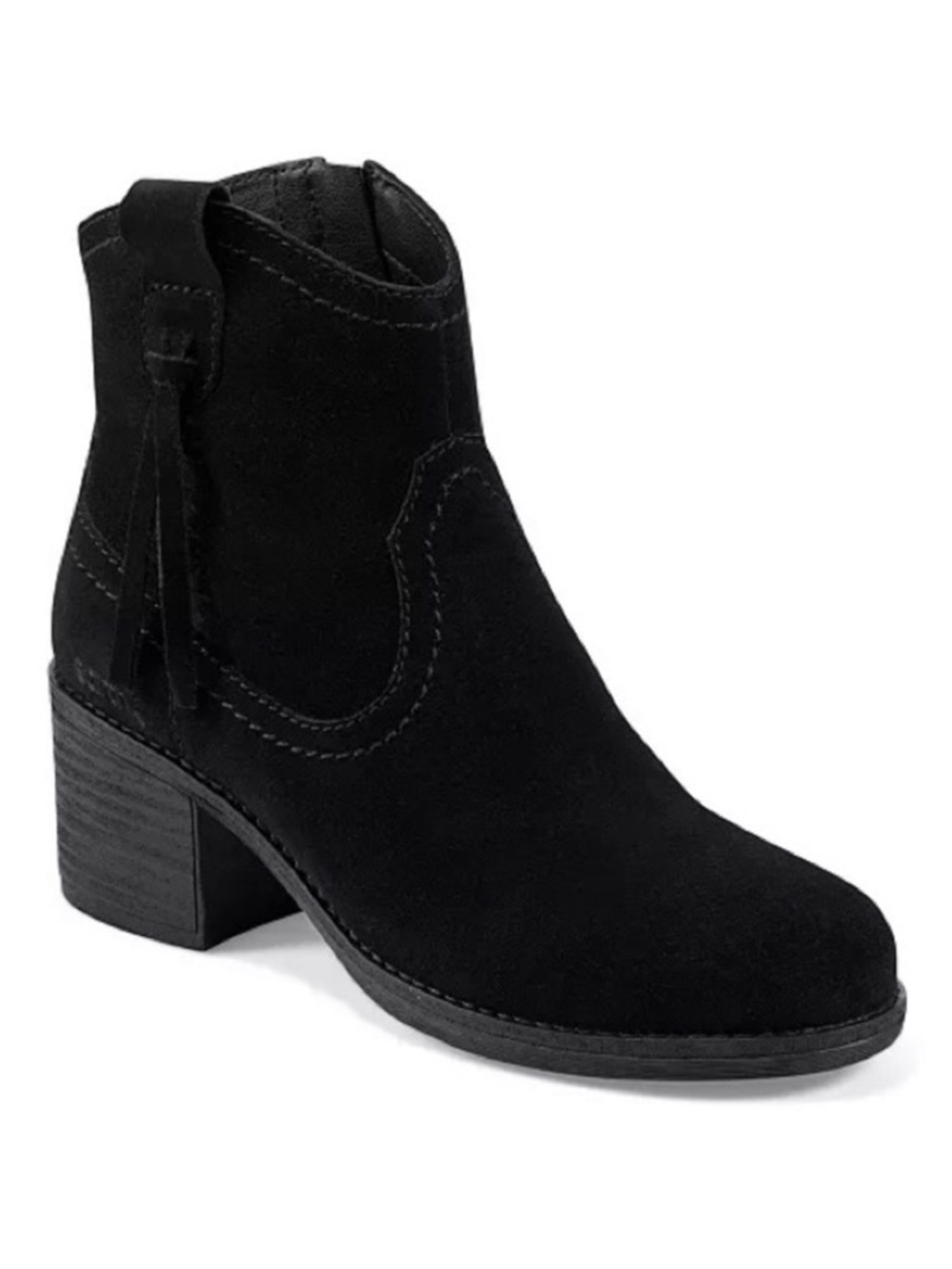 NWOB Earth Irene Black Suede Chunky Heel Western Tassel Ankle Booties Size 11M